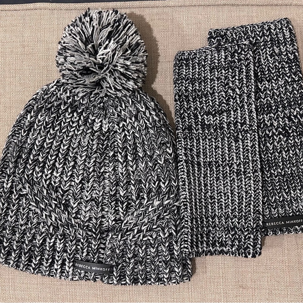 Rebecca Minkoff Black and White Knit Beanie Hat and Wrist Warmers (New w/o tags)